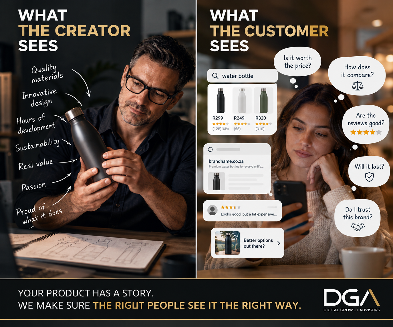 Illustrative comparison of a product creator’s priorities and the questions a customer asks before buying.