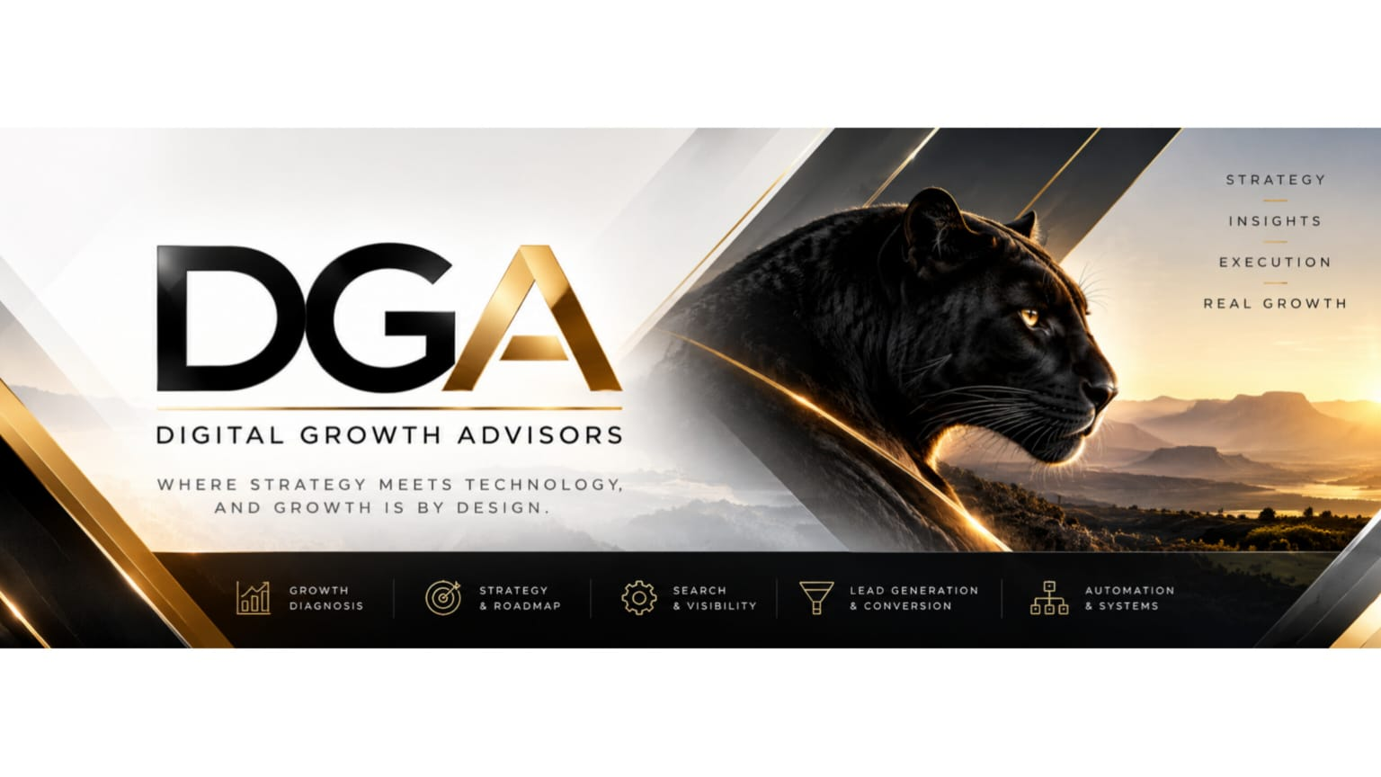 DGA Digital Growth Advisors: strategy, insights, execution and real growth. A black panther overlooks a South African landscape at sunrise.