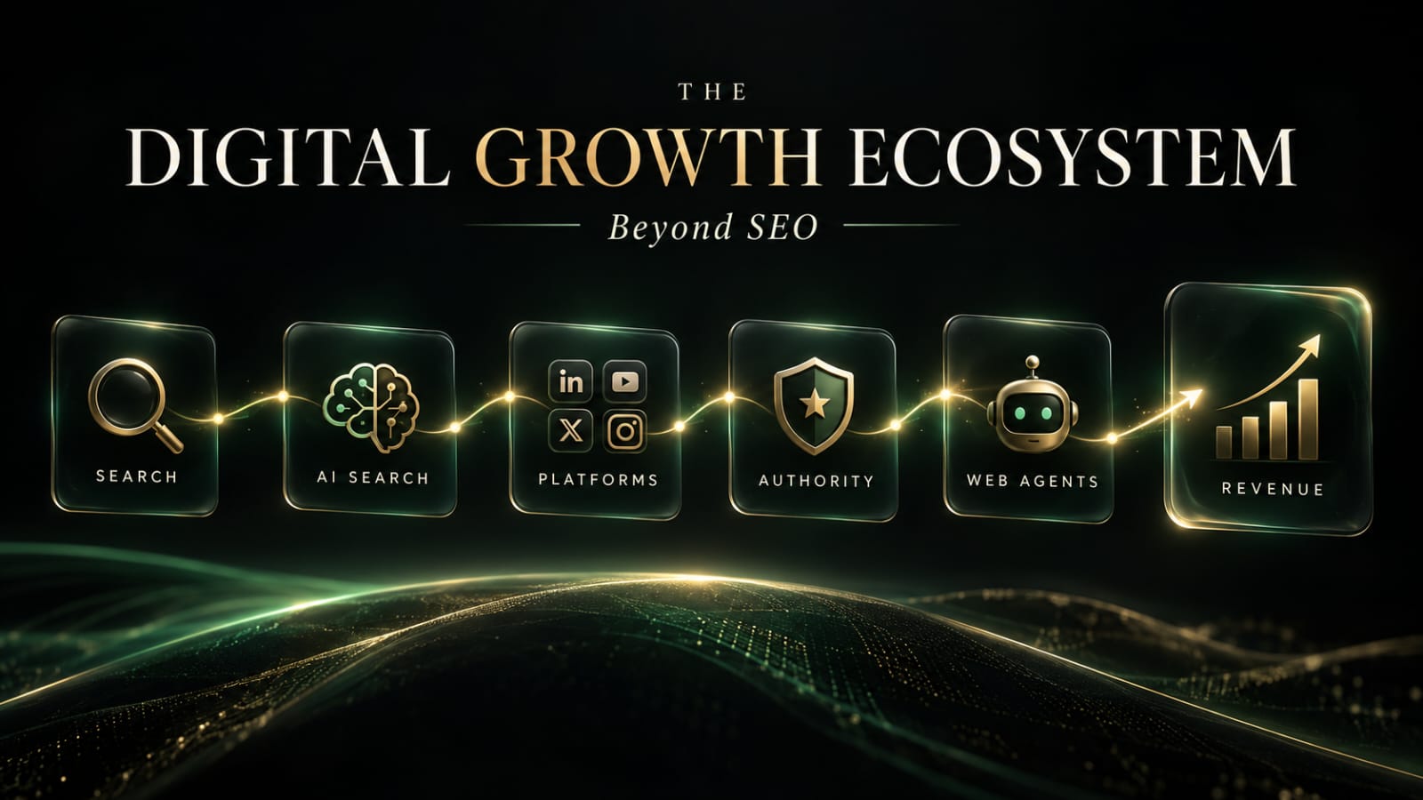 The Digital Growth Ecosystem, Beyond SEO: search, AI search, platforms, authority, web agents and revenue connected by a gold line.