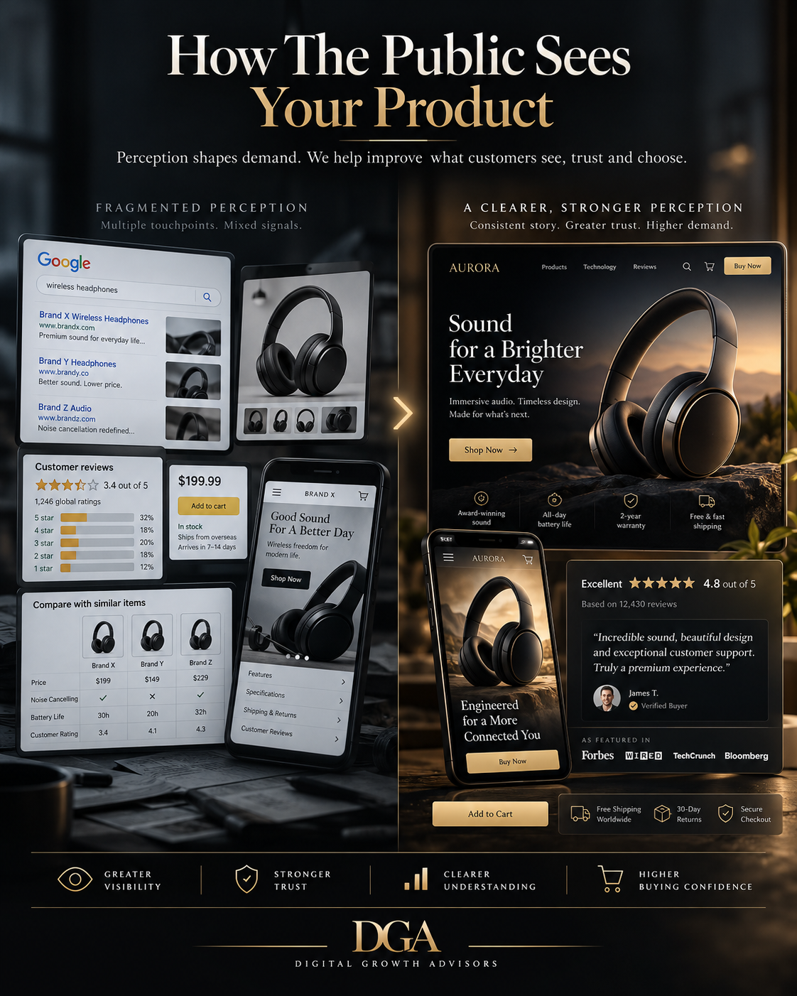 Illustrative contrast between fragmented digital touchpoints and a consistent product experience.